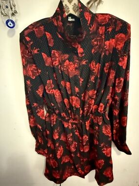 NWT The Kooples Black Red Floral Silk Mini Dress Size 2